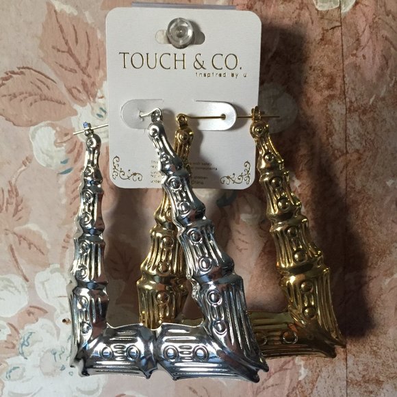 Statement Metal Bamboo Rectangular Hoop Ear Rings - Picture 5 of 8